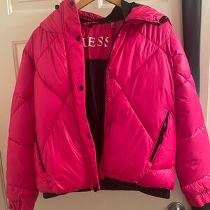 Guess Vibrant Pink Puffer Jacket with Logo Patch